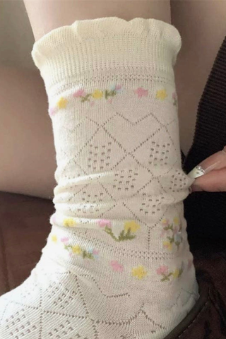 Fresh Floral Print Hollow Mesh Crew Socks 8CK8FSO24 Dipped Shop