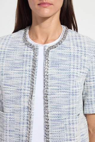 Lyssé 24-3834-M2 Lily Summer Tweed Jacket  Close-up of a textured jacket with a white shirt underneath on a plain background