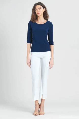 Clara Sunwoo Scoop Neck Half Sleeve Top - Navy T77 Woman wearing a navy blue top and white pants on a white background