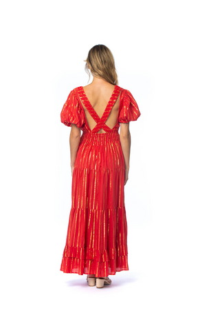 Radiant Red & Gold Stripe Tiered Maxi Dress with Puff Sleeves