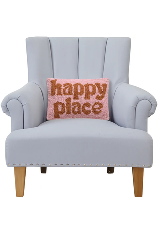 "Happy Place" Hand-Hooked Wool Throw Pillow – 8x12 Decorative Lumbar Accent