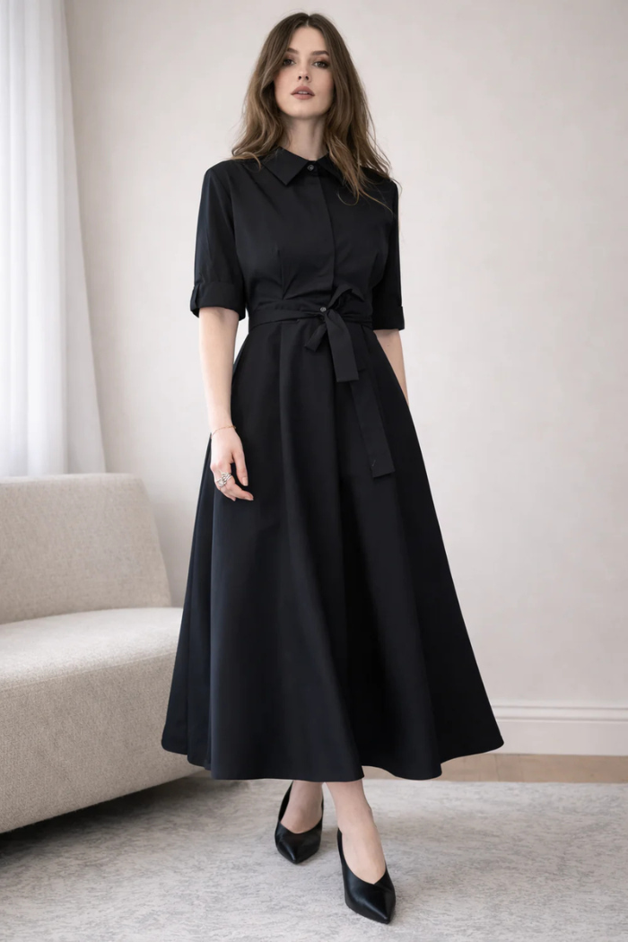 black dress with pleated skirt Black Midi Hollow Out Dress with Pleated Skirt Imitation