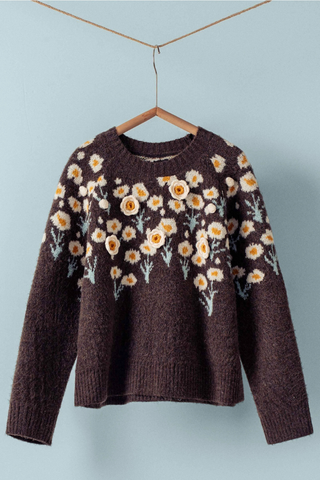 Daisy Embossed 3D Floral Knit Sweater - Brown UDSW0218