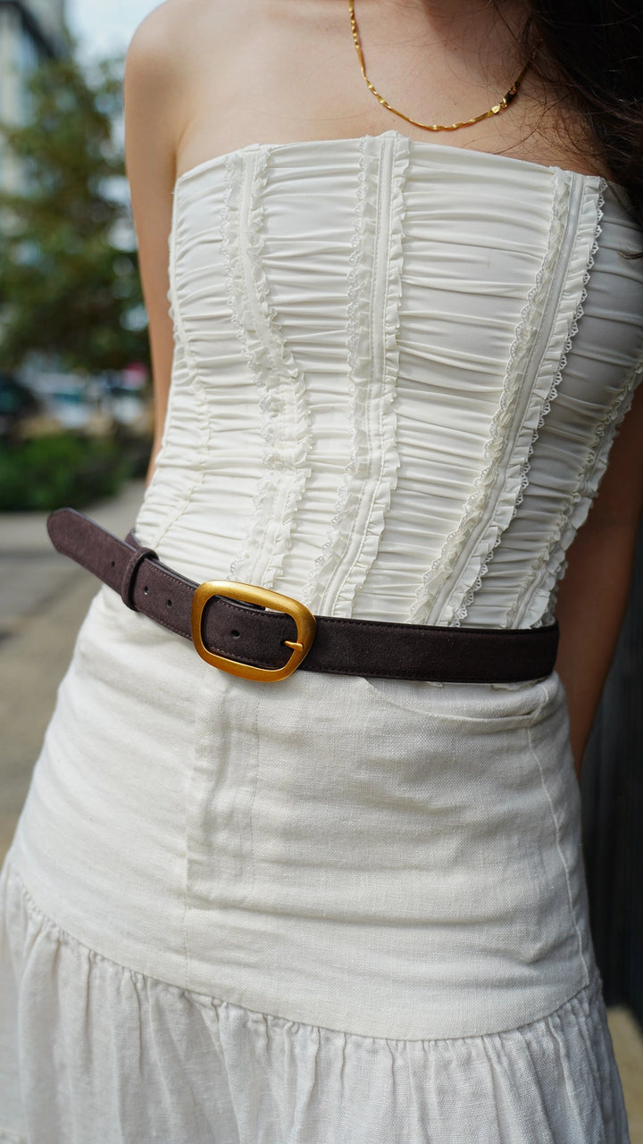 Suede Belt with Organic Shape Buckle - Caramel