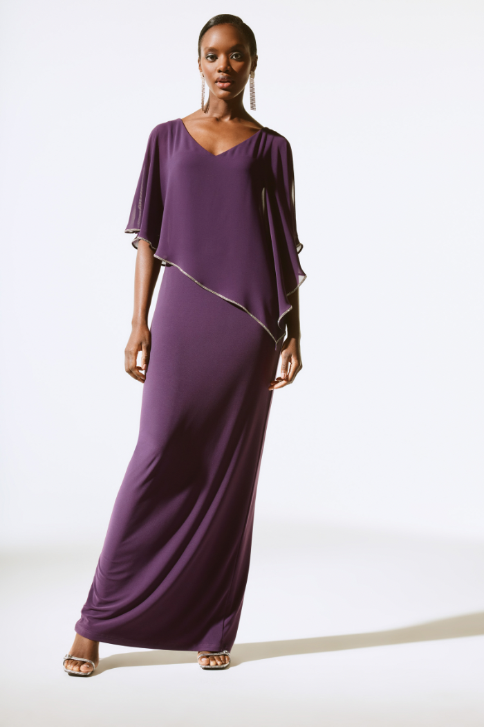 Silky Knit Chiffon Layered Gown with Cape