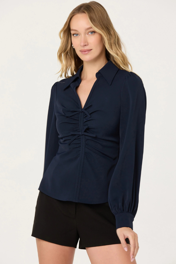 ASTR Simran Collared V-Neck Ruched Top ACT19232