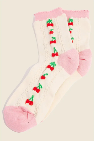 Anarchy Street Pink Accent Cherry Embroidered Beige Socks WL3803