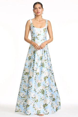 Aurora Gown - Sky Camellia S262G21-458 Woman wearing a floral dress on a white background