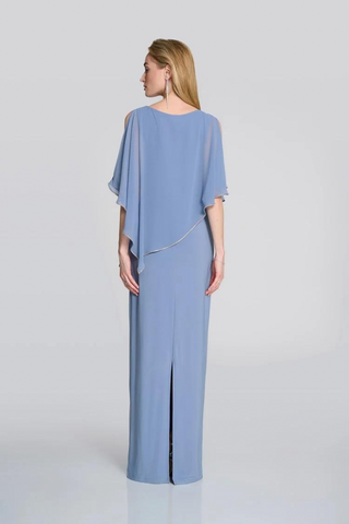 Silky Knit Chiffon Layered Gown with Cape
