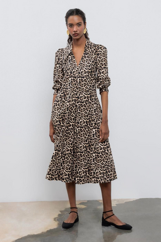 BSL Scandi Dress Woman wearing a leopard print dress against a white background