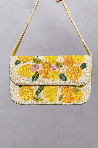 Beaded Lemon Pattern Flap Shoulder Bag Handbag with lemon pattern on a gray background
