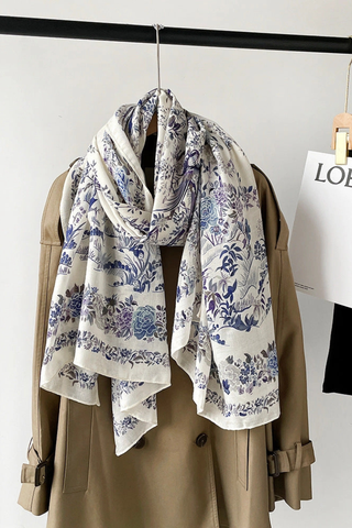Blue Floral Print Soft Scarf Shawl Dipped Shop DP26I715-M8907-Blue