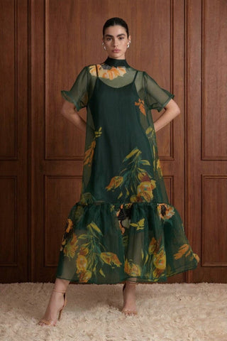 Botanical Print Sheer Overlay Tie-Neck Dress Beulah QC3598