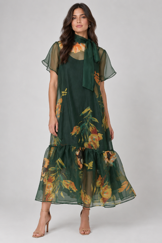 Botanical Print Sheer Overlay Tie-Neck Dress Beulah QC3598
