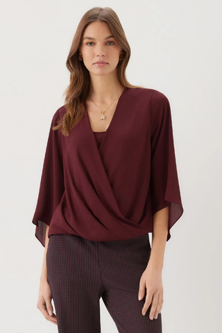 Bracelet Sleeve Drape Front Crossover Top - Wine Karen Kane 3L25021 Wine
