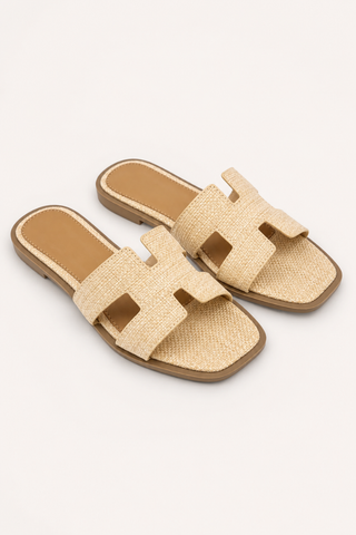 CCOCCI ELIO-20 Sleek H-Strap Chic Square Toe Shape Slide On Flat Sandal Beige Raffia