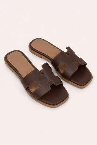 Chic Square Toe Shape Slide On Flat Sandal Espresso Brown