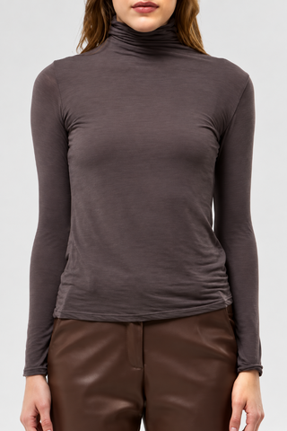 Cashmere Mock Neck Tee Shirt - Chocolate L'Una 12107