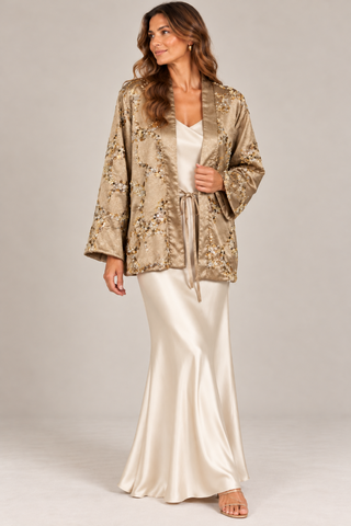 Champagne Sequin Embellished Jacquard Kimono Jacket Beulah AM4065