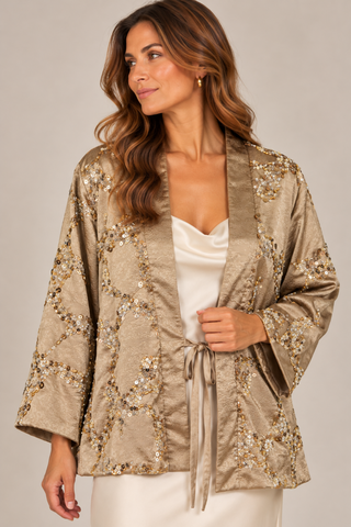 Champagne Sequin Embellished Jacquard Kimono Jacket Beulah AM4065