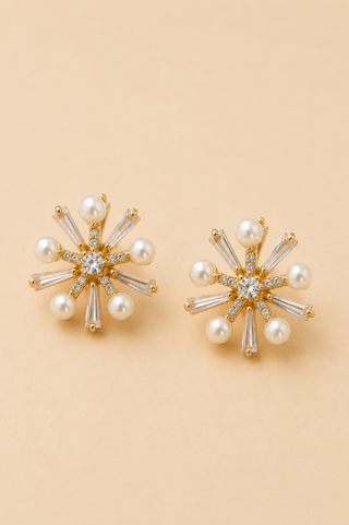 27035-E Gold Pearl Starburst Stud Earrings