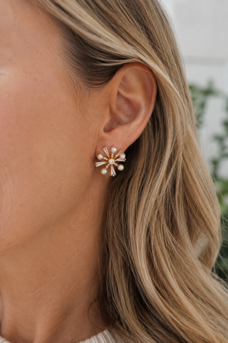 27035-E Gold Pearl Starburst Stud Earrings