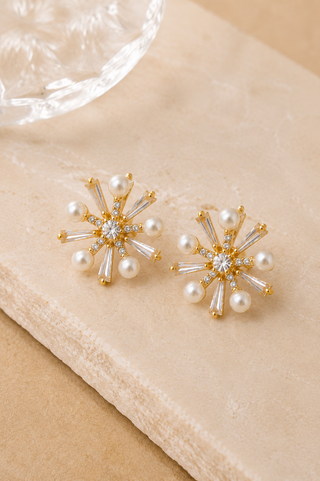 27035-E Gold Pearl Starburst Stud Earrings