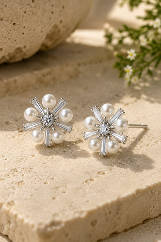 27036-E Silver Pearl Starburst Stud Earrings