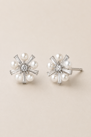 27036-E Silver Pearl Starburst Stud Earrings