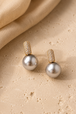 27325-E Pavé & Grey Pearl Huggie Earrings