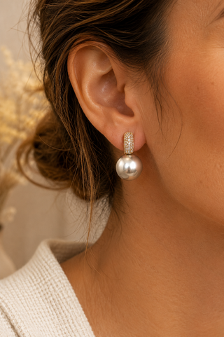 27325-E Pavé & Grey Pearl Huggie Earrings