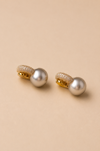 27325-E Pavé & Grey Pearl Huggie Earrings
