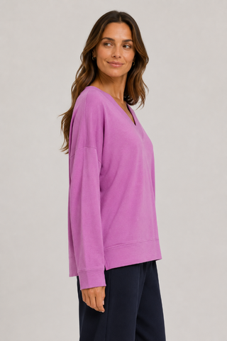 French Terry V-Neck Long Sleeve Top - Peony