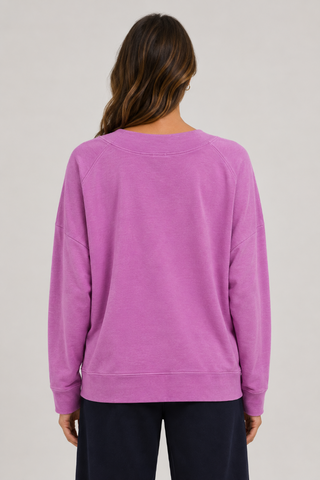 French Terry V-Neck Long Sleeve Top - Peony