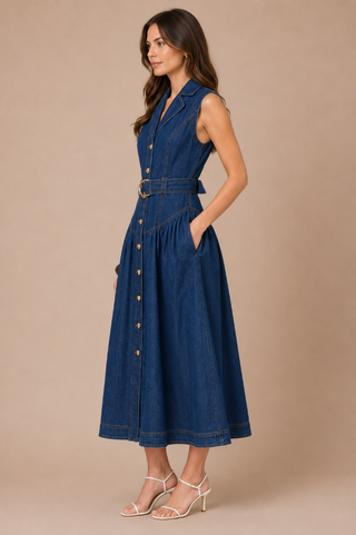 Zoe and Claire Belted Sleeveless Denim Maxi Dress SP1096