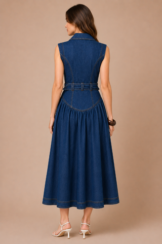 Zoe and Claire Belted Sleeveless Denim Maxi Dress SP1096