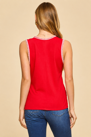 Dear Scarlett Embroidered Stitching Detail Sleeveless Top - Red WHISPER