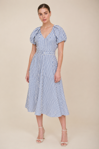 Navy Striped Puff Sleeve Belted Dress
