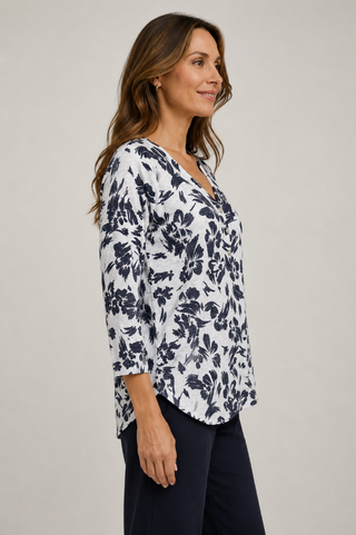 Nally & Millie Printed V-Neck Front Button Top