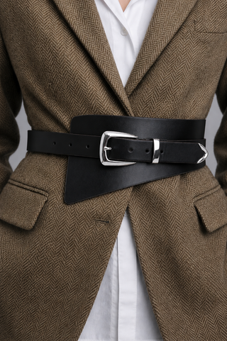 Asymmetrical Waist Cinching Belt with Polished Signature Hardware - Black