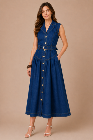 Zoe and Claire Belted Sleeveless Denim Maxi Dress SP1096