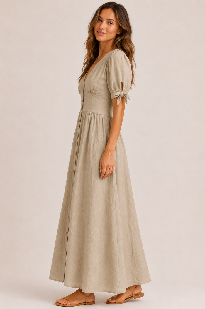 linen maxi dress beige Beige Linen Maxi Dress - Pleated, Oversized Fit C1154