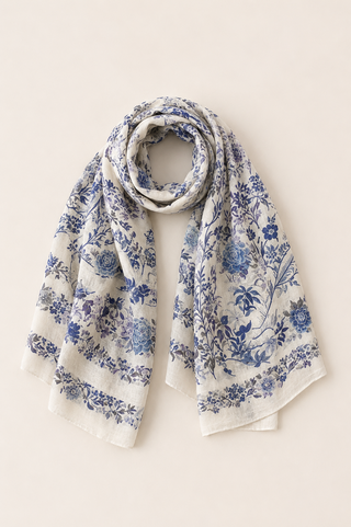 Blue Floral Print Soft Scarf Shawl Dipped Shop DP26I715-M8907-Blue