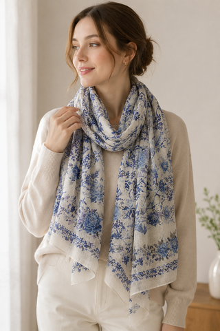 Blue Floral Print Soft Scarf Shawl Dipped Shop DP26I715-M8907-Blue