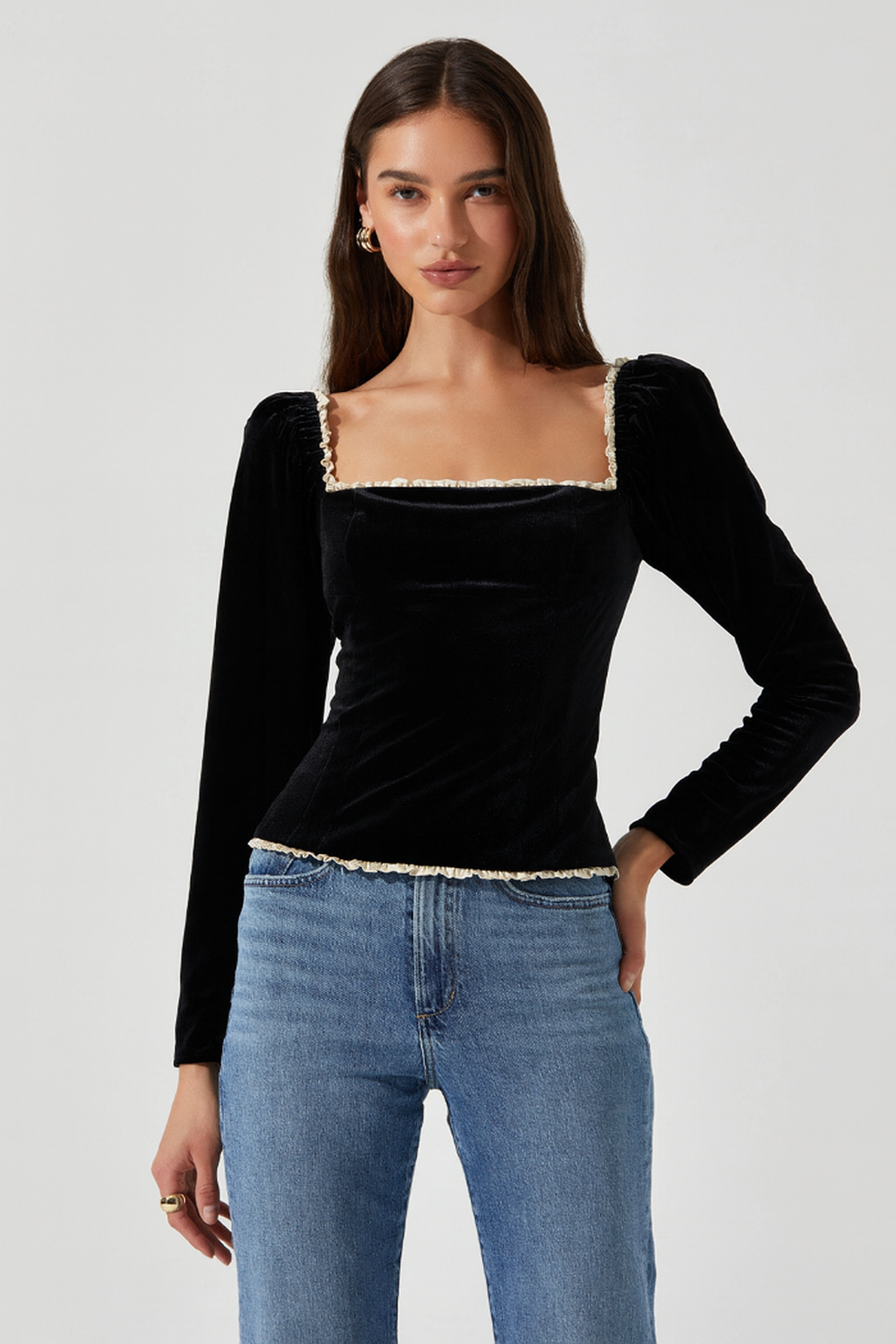 Black Velvet Square Neck Long Sleeve Top Ruffle Trim – The