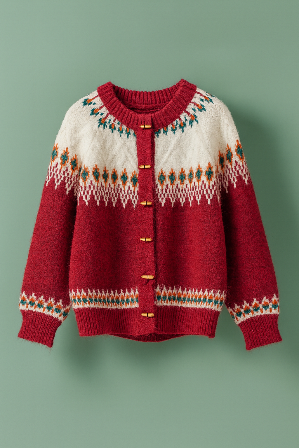 Urban Daizy Nordic Pattern Wool Blend Toggle Cardigan - Red