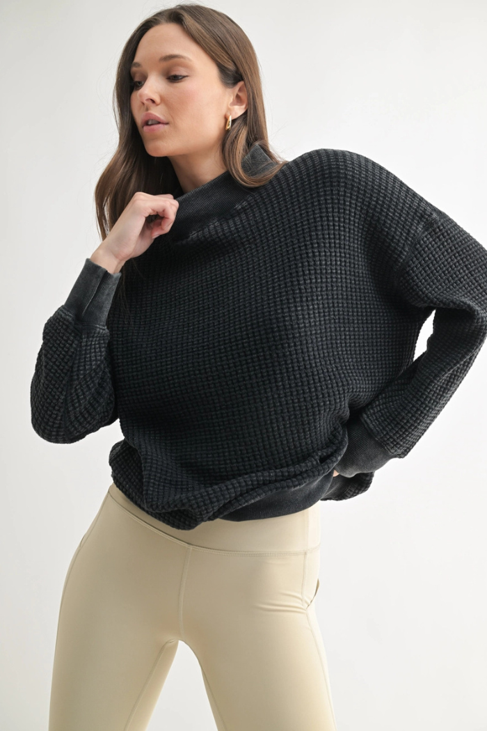 Chunky Waffle Mineral Wash Mock Neck Sweater KT5495 Black