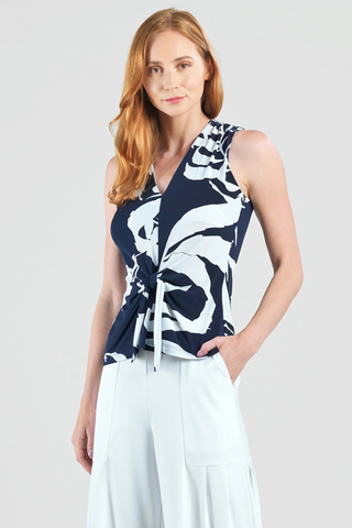 Clara Sunwoo Abstract V-Neck Front Tie Sleeveless Soft Knit Top T49P29