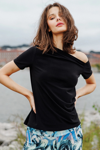 Clara Sunwoo Angular Neck Line Soft Knit Short Sleeve Top T294