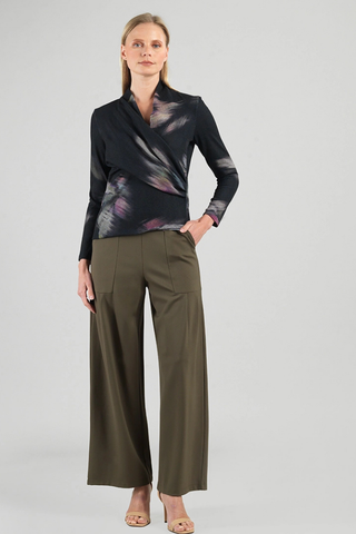 Clara Sunwoo Brush Print Draped V-Neck Ruched Sweater T414WP2